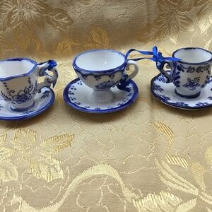 Kurt Adler 2" Porcelain Delft Blue Cup And Saucer Ornament Set Of 3